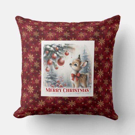 Warm snowy forest festive baby fawn scene kids  クッション (正面)