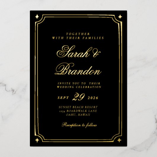 Warm Solid Color Minimalist Script Wedding 箔招待状 (正面)