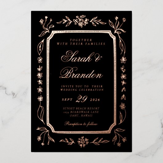 Warm Solid Color Minimalist Script Wedding 箔招待状 (正面)