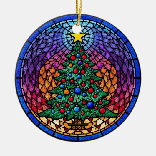 Warm Stained Glass Reindeer Portrait セラミックオーナメント (正面)