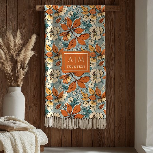 Warm Terracotta Copper Pastel Green Fall Flowers  フリースブランケット