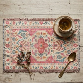 Warm Vintage Floral Coral Teal Ornate Borders スローブランケット