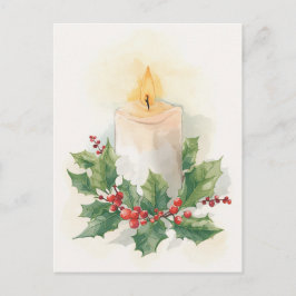 Warm Watercolor Candle and Holly シーズンポストカード