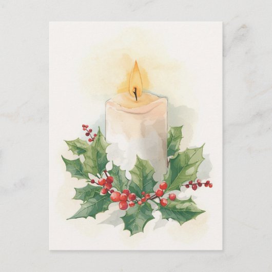 Warm Watercolor Candle and Holly シーズンポストカード (正面)