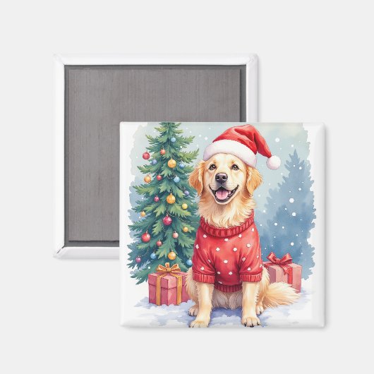 Warm Watercolor Golden Retriever Christmas Tree マグネット (正面/裏面)