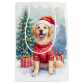 Warm Watercolor Golden Retriever Christmas Tree ミディアムペーパーバッグ (正面)