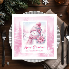 Warm Winter Forest Pink Snowman Christmas Napkins  スタンダードカクテルナプキン