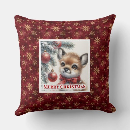 Warm winter scene baby fawn Christmas pillow  クッション (裏面)