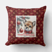 Warm winter scene baby fawn Christmas pillow  クッション (正面)
