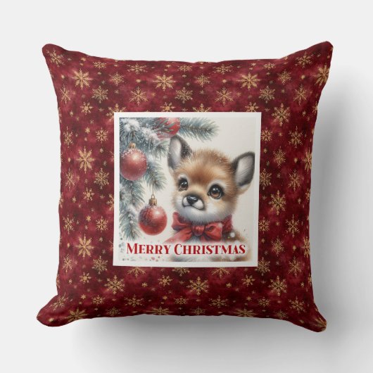 Warm winter scene baby fawn Christmas pillow クッション (正面)