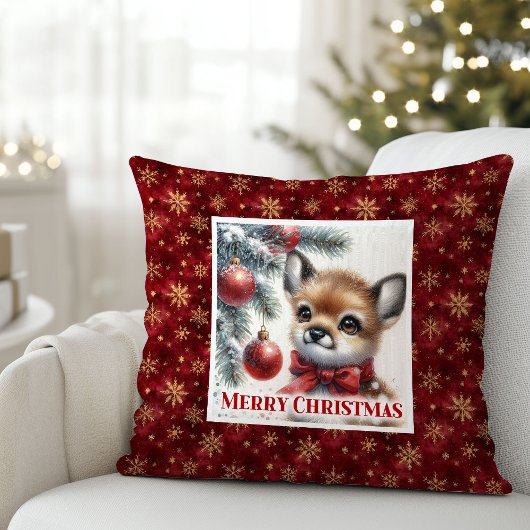Warm winter scene baby fawn Christmas pillow  クッション