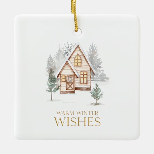 Warm Winter Wishes Cozy Cottage セラミックオーナメント (正面)