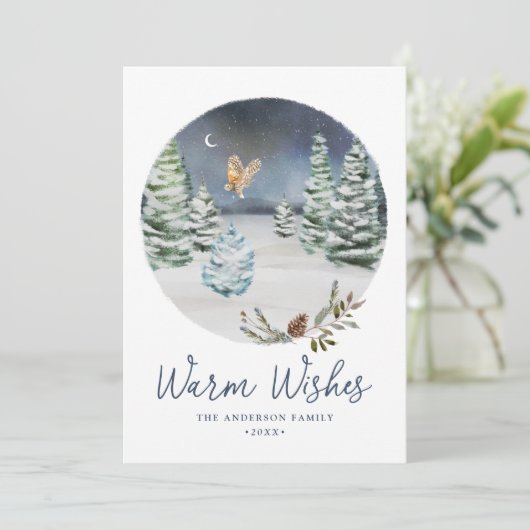 Warm Wishesウッドランドフクロウ冬のシーン非写真 シーズンカード (スタンド正面)