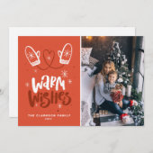 Warm Wishesレタリング | Snowflakes Mittens写真 シーズンカード (正面/裏面)