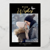 Warm Wishes書道モダンフォトブラック金ゴールド 箔シーズンカード (正面)