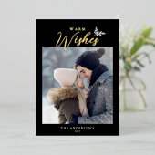 Warm Wishes書道モダンフォトブラック金ゴールド 箔シーズンカード (立ち正面)