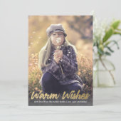 Warm Wishes金ゴールドスクリプトホリデー縦写真 シーズンカード (スタンド正面)