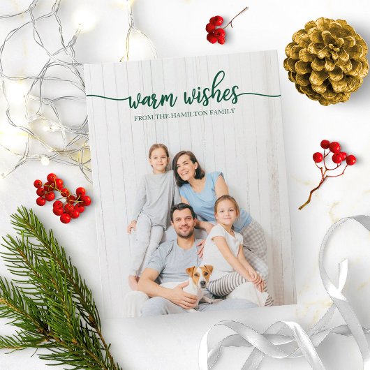 Warm Wishes Green Script Photo ユニーク Christmas ポストカード