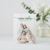 Warm Wishes Green Script Photo ユニーク Christmas ポストカード (スタンド正面)