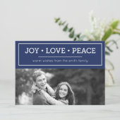 Warm Wishes Joy Love Peace Blue Holiday Photo シーズンカード (スタンド正面)