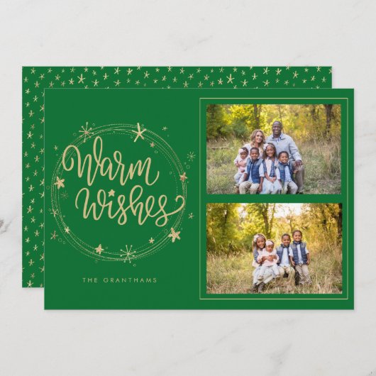 Warm Wishes & Starsグリーン&金ゴールド2枚の写真 シーズンカード (正面/裏面)