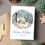 Warm Wishes Woodland Deer Winter Scene Non-Photo シーズンカード<br><div class="desc">雪エレガント松、鹿、冬葉、雪が一面に並ぶ水色の冬の風景を描いたクリスマスカード。「温かい願い」は、ティール（緑がかった色）の緑の台本に表示され、あなたの名前と年は以下の通り。非写真のホリデーカードが反転し、白い雪のデザインでティール（緑がかった色）の緑の背景を表示する。</div>