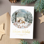 Warm Wishes Woodland Deer Winter Scene Non-Photo 箔シーズンカード<br><div class="desc">雪エレガント松、鹿、冬葉、雪が一面に並ぶ水色の冬の風景を描いたクリスマスカード。「温かい願い」は金ゴールドフォイルのスクリプトに表示され、あなたの名前と年は以下に示す。非写真のホリデーカードが反転し、白い雪のデザインでティール（緑がかった色）の緑の背景を表示する。</div>