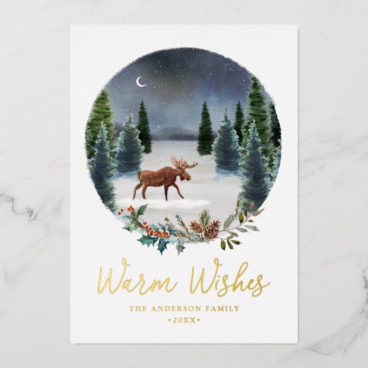 Warm Wishes Woodland Moose冬のシーン非写真 箔シーズンカード (正面)
