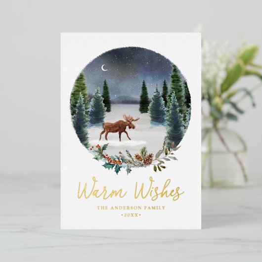 Warm Wishes Woodland Moose冬のシーン非写真 箔シーズンカード (立ち正面)