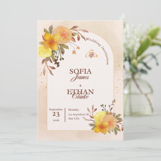 Warm Yellow & Peach Floral Wedding Invitation  招待状 (スタンド正面)