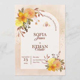 Warm Yellow & Peach Floral Wedding Invitation  招待状