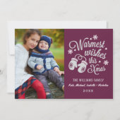 Warmest Wishesヴィンテージバーガンディのクリスマスフォト シーズンカード (正面)