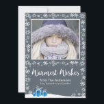 Warmest Wishes White Christmas シーズンカード<br><div class="desc">A holiday flat greeting card in rich gray framed by snowflakes with pretty blue gifts to add a pop of color. Add your photograph to make it truly special for your family and friends. Replace the sample text with your family names.</div>