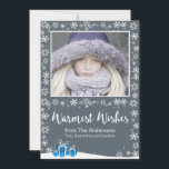 Warmest Wishes White Christmas シーズンカード<br><div class="desc">A holiday flat greeting card in rich gray framed by snowflakes with pretty blue gifts to add a pop of color. Add your photograph to make it truly special for your family and friends. Replace the sample text with your family names.</div>