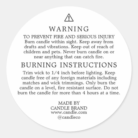 Warning Burning Instructions Candle Label ラウンドシール (正面)
