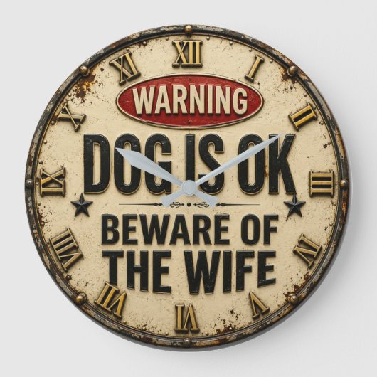 Warning Dog Is OK Beware of the Wife Funny ラージ壁時計 (正面)