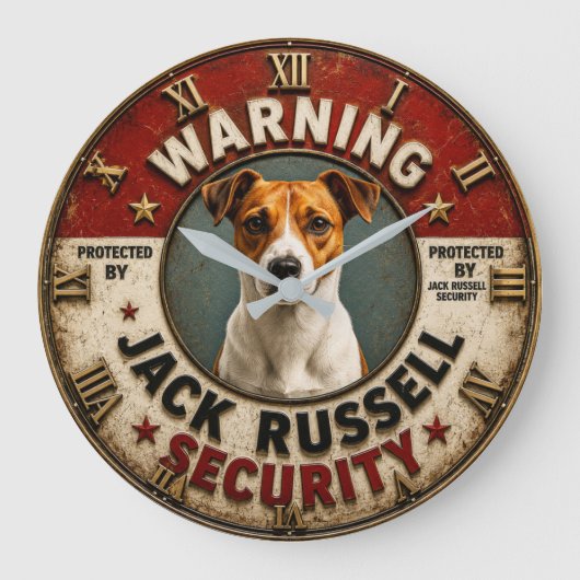Warning Protected by Jack Russell Security Funny ラージ壁時計 (正面)