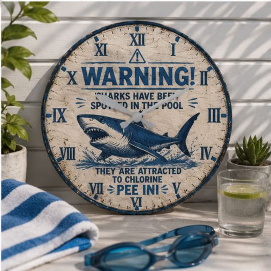 Warning! Sharks Have Been Spotted in This Pool ラージ壁時計