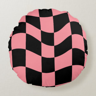 Warped Checkerboard Throw Pillow - Trippy Pink and ラウンドクッション