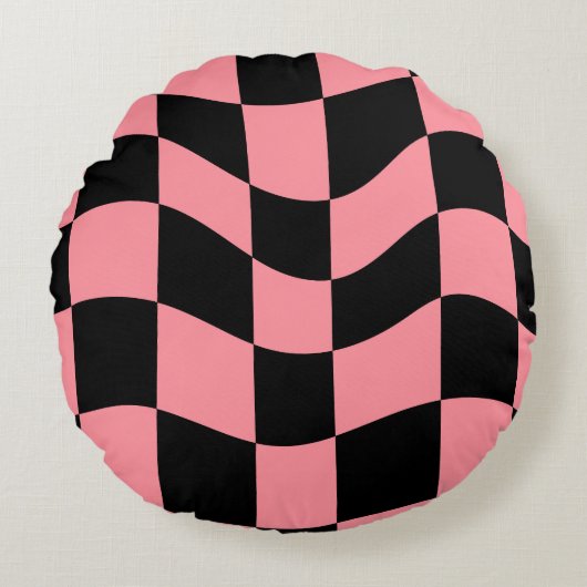 Warped Checkerboard Throw Pillow - Trippy Pink and ラウンドクッション (正面)