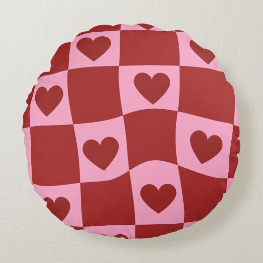 Warped Crimson Pink Checkerboard Pillow ラウンドクッション (正面)