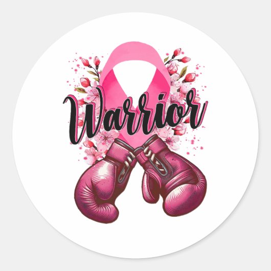 Warrior Boxing Gloves Pink Ribbon Breast Cancer Aw ラウンドシール (正面)