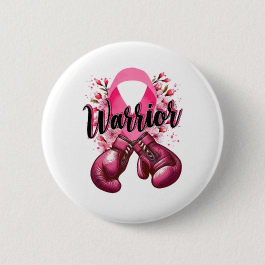 Warrior Boxing Gloves Pink Ribbon Breast Cancer Aw 缶バッジ (正面)