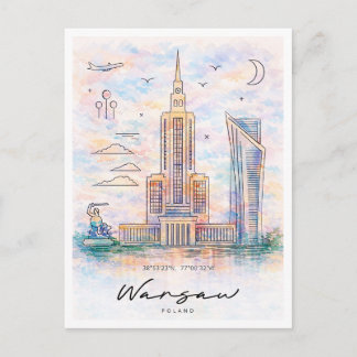 Warsaw Skyline Watercolor | Poland Cityscape シーズンポストカード