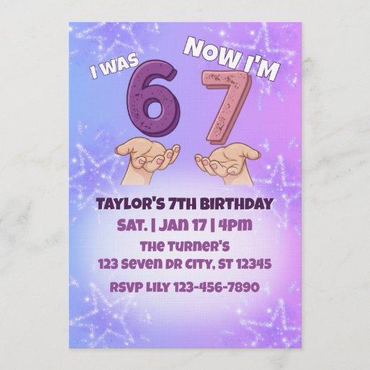 Was 6 Now 7, Pink Star 7th Birthday 招待状 (正面)