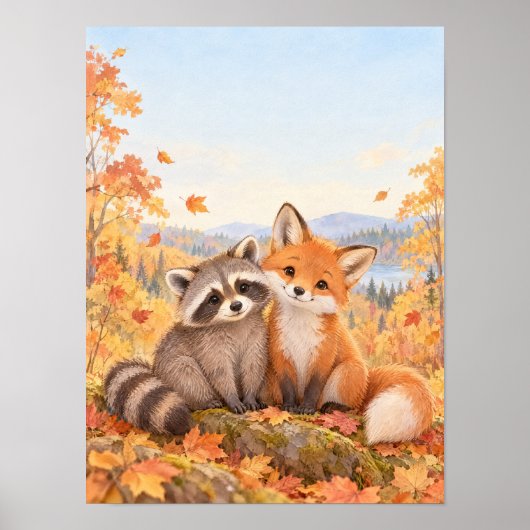 Waschbär und Fuchs im Herbstwald – Poster ポスター (正面)