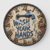 Wash Your Hands Bathroom Rustic Farmhouse ラージ壁時計 (正面)