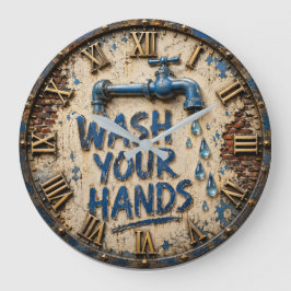 Wash Your Hands Bathroom Rustic Farmhouse ラージ壁時計