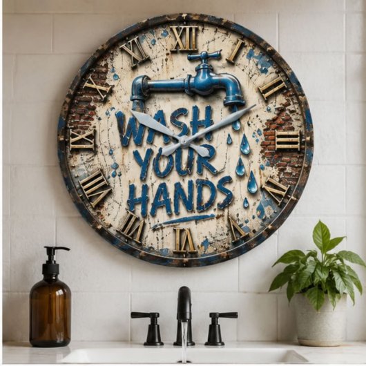 Wash Your Hands Bathroom Rustic Farmhouse ラージ壁時計