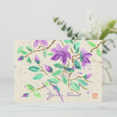 Washiの紙を絵を描く紫色クレマチスの水彩画 招待状 (スタンド正面)